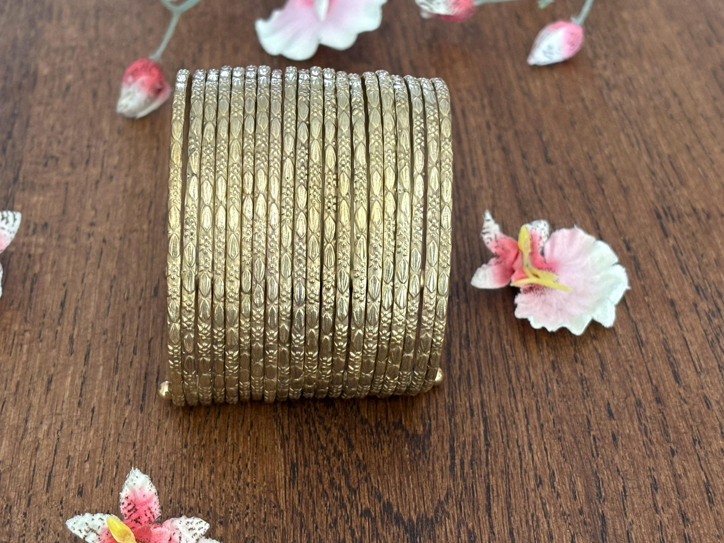 Hammered Gold Finish Stack Cuff – Adjustable Brass Bangles Set.