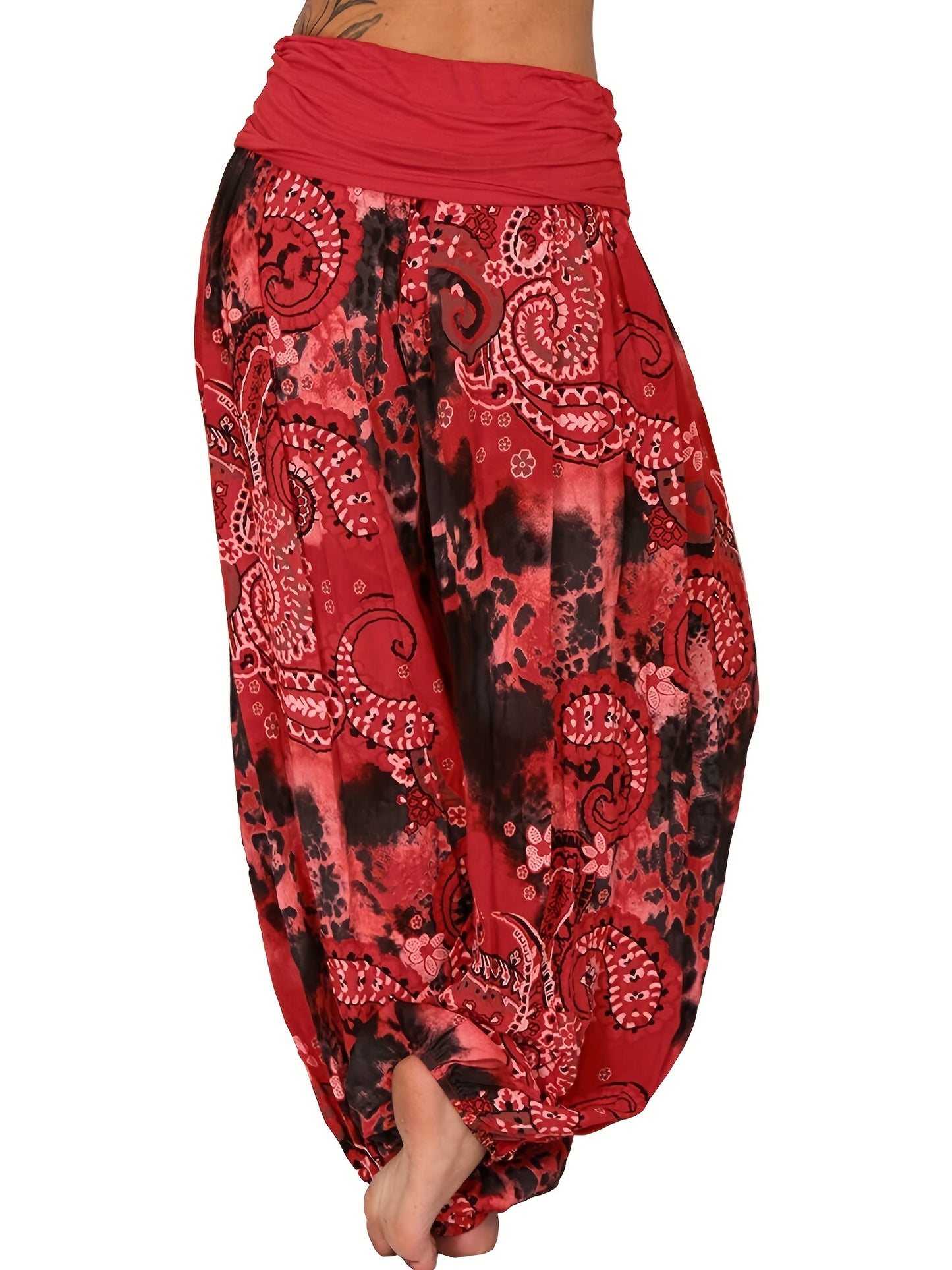 Plus Size Boho Pants, Women's Plus Paisley Print Ruched High Waist Baggy Harem Pants