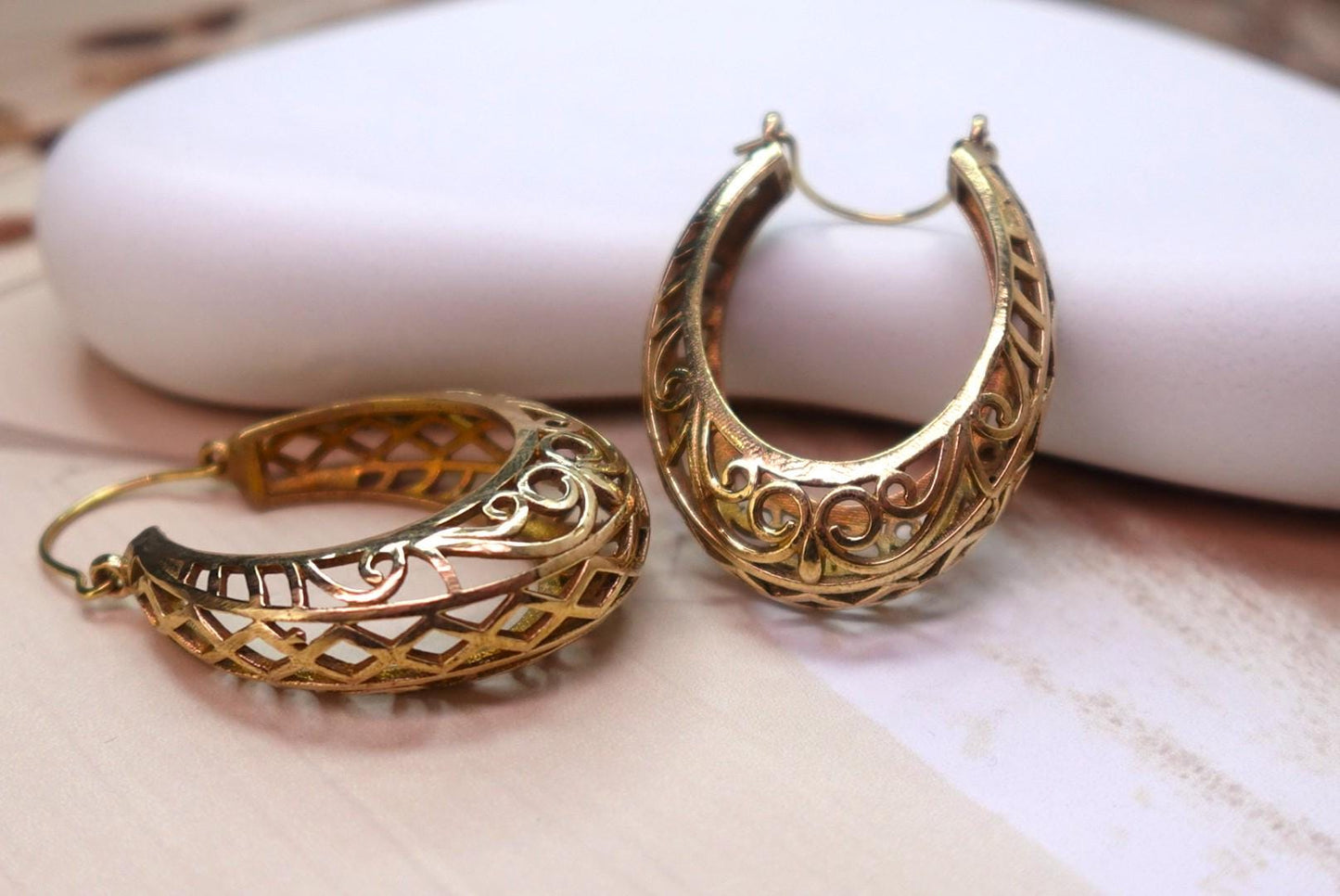 Filigree Brass Hoop Earrings – Crescent Drop Mandala Style.
