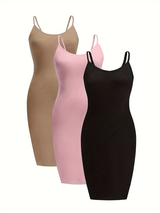 [3 Pack Plus Size Cami Dress] 3 Pack Plus Size Basic Dress Set, Women's Plus Solid Round Neck Medium Stretch Slim Fit Cami Dress Three Piece Set