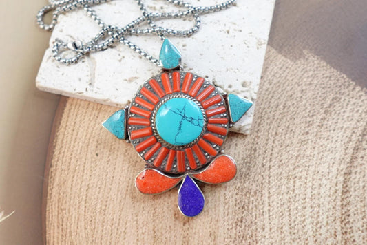Very large traditional Tibetan pendant-Natural Coral Turquoise Jewellery-Natural Stones.