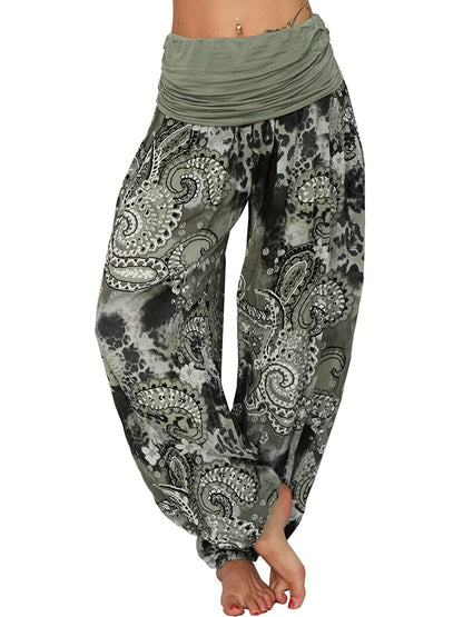 Plus Size Boho Pants, Women's Plus Paisley Print Ruched High Waist Baggy Harem Pants