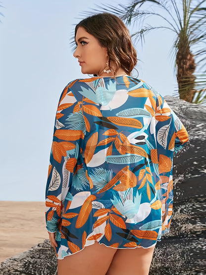 Plus Size Boho Bikini Set, Women's Plus Leaf Print Open Front Cover Up & Knot Front Bra & High Rise Panty Swimsuit 3 Piece Set