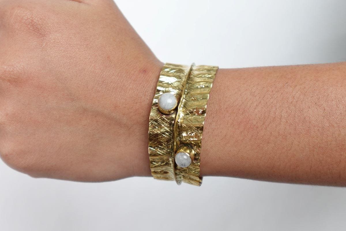 Textured Gold Cuff Bracelet with Gemstone Accents – Handcrafted Adjustable Wrap Design.