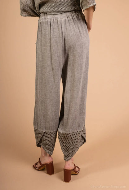 Mesh-bottom pants in cotton linen