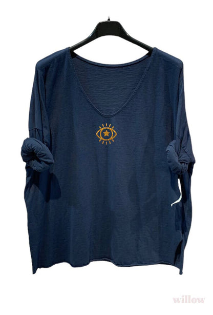 Plain cotton top with long sleeves eye logo: Beige