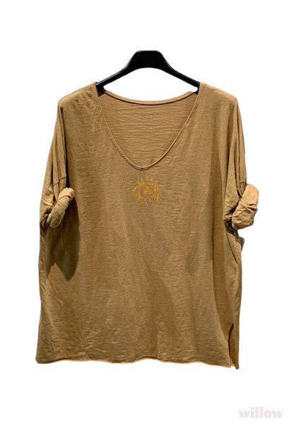 Plain cotton top with long sleeves eye logo: Khaki