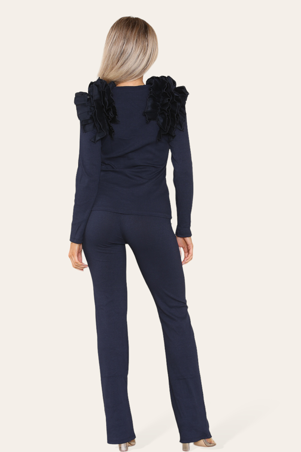 Ruffle Frill Shoulder Ribbed Loungewear Co-Ord Top & Trouser Set