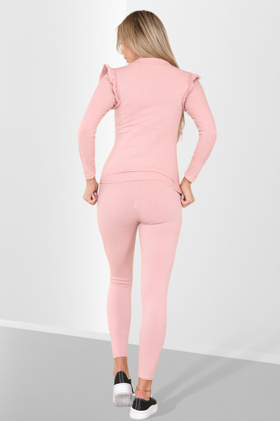 Side Buttons Frill Shoulder Side Neck Gold Button Detail Two Piece Loungewear Set