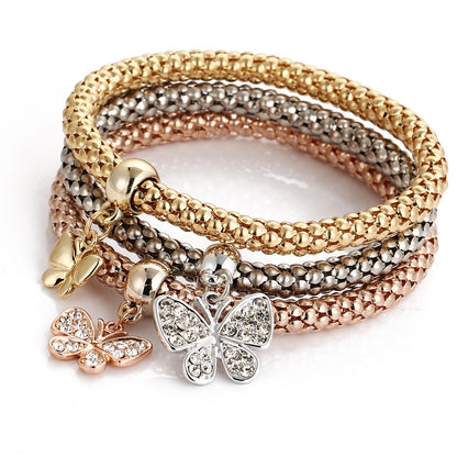 Three bracelet set Butterfly/Rhinestone