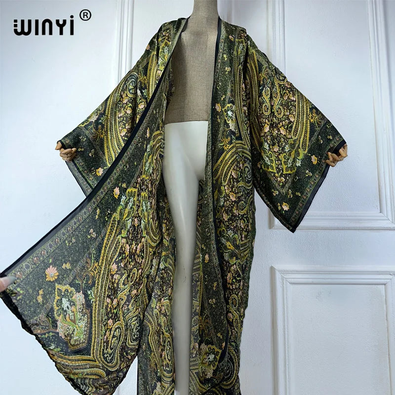WINYI kimono summer boho print beachwear Cardigan sexy loose swimsuit evening dress abaya cover-ups beach outfits women kaftan