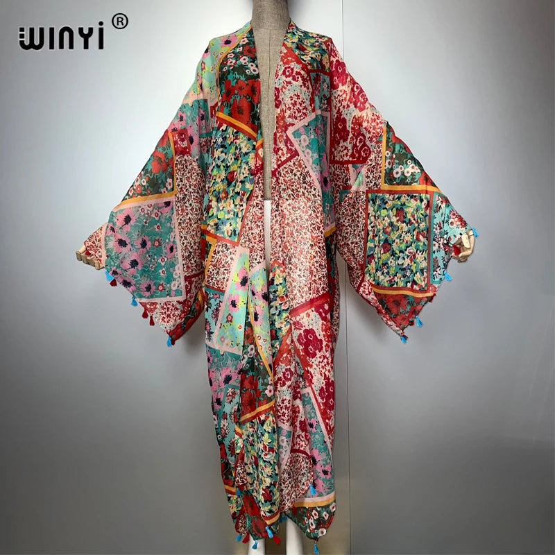 WINYI bohemian kimono print Women coat Loose tassels Long coat beach Holiday Swimming Cover Up party dresses luxury dubai abaya