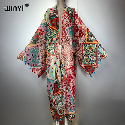 WINYI bohemian kimono print Women coat Loose tassels Long coat beach Holiday Swimming Cover Up party dresses luxury dubai abaya