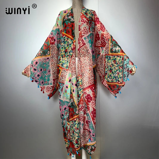 WINYI bohemian kimono print Women coat Loose tassels Long coat beach Holiday Swimming Cover Up party dresses luxury dubai abaya