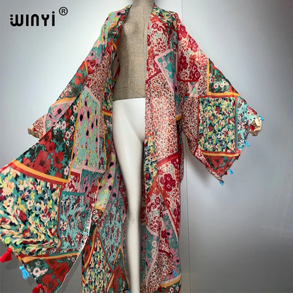 WINYI bohemian kimono print Women coat Loose tassels Long coat beach Holiday Swimming Cover Up party dresses luxury dubai abaya