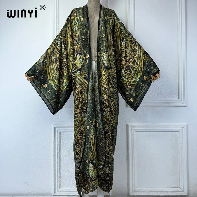 WINYI kimono summer boho print beachwear Cardigan sexy loose swimsuit evening dress abaya cover-ups beach outfits women kaftan