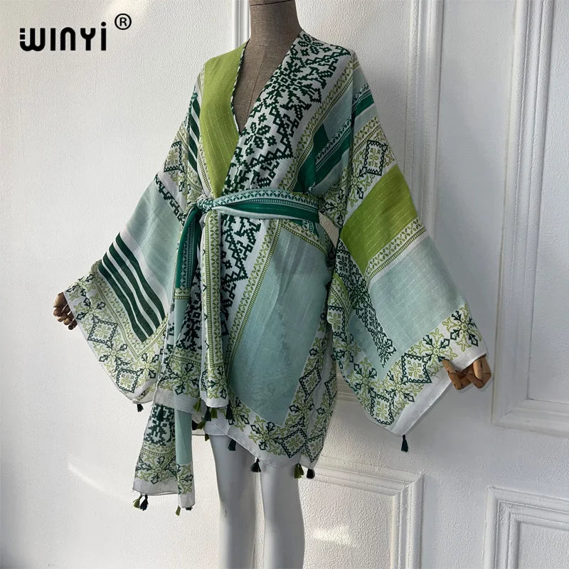 WINYI beach wear women 2024 Household clothes Self Belted Women Summer Clothing Kimono holiday Dress Swim Suit Cover Up