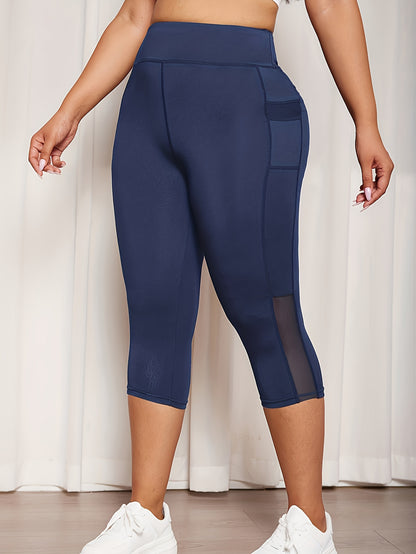 Plus Size Sports Capri Pants, Women's Plus Solid High Rise Slim Fit Running Yoga Capri Leggings With Phone Pockets