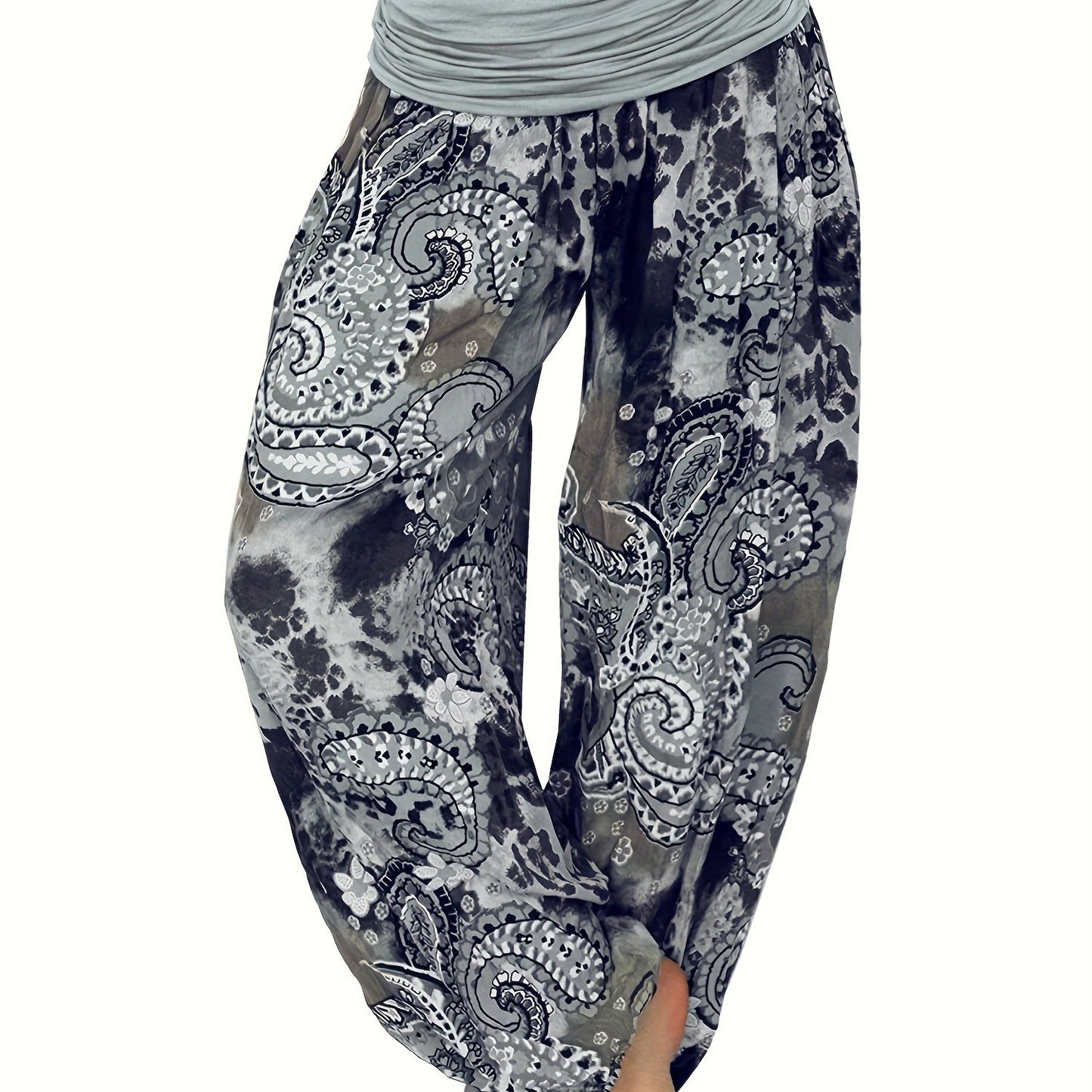 Plus Size Boho Pants, Women's Plus Paisley Print Ruched High Waist Baggy Harem Pants