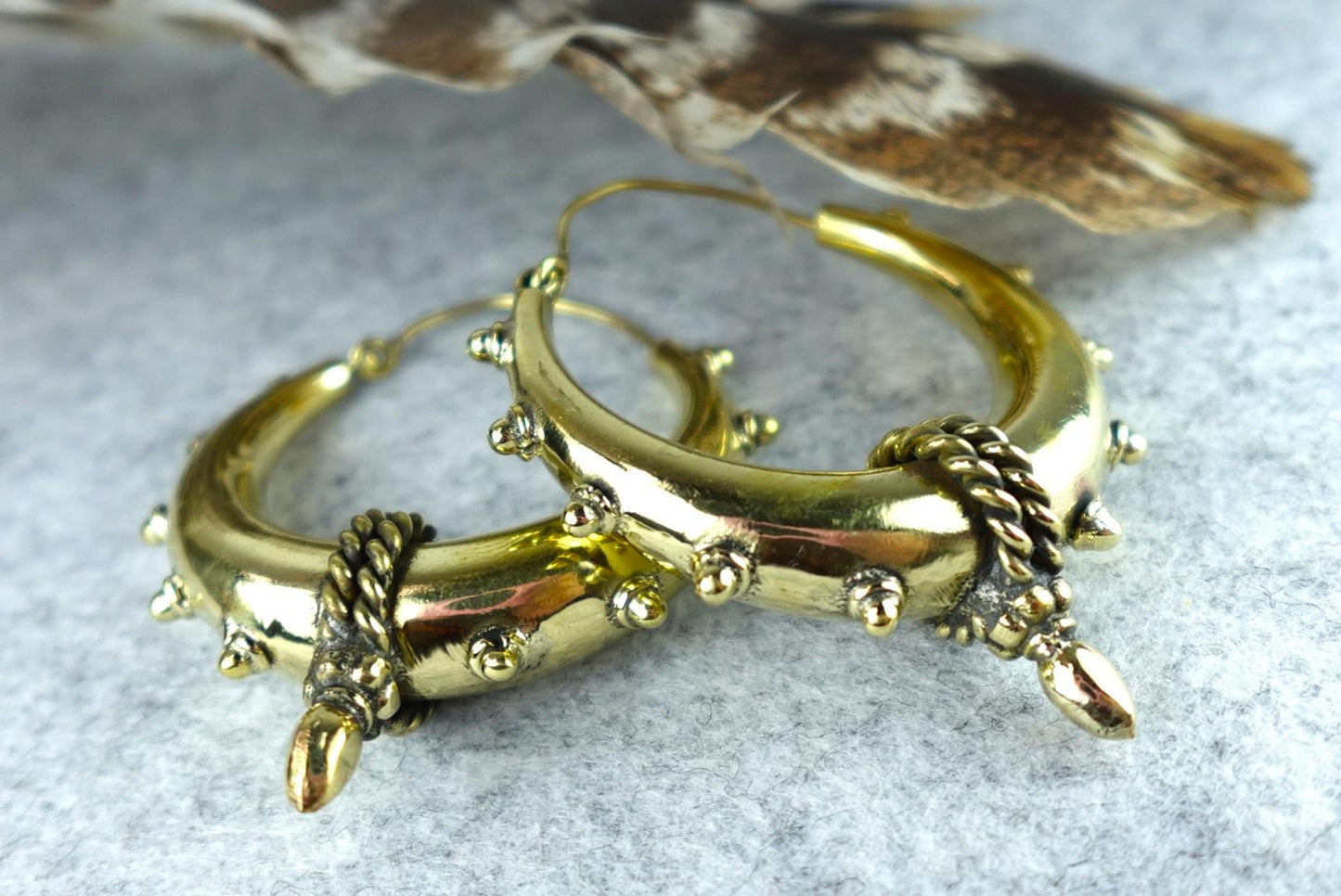 Steampunk Brass Spike Hoop Earrings - Chunky brass hoops with spike details and a bold steampunk aesthetic.