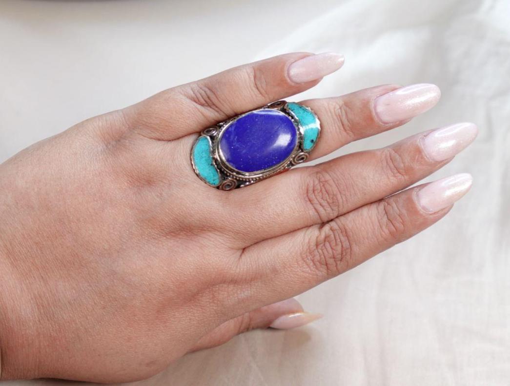 Large Ethnic Tibetan Silver Rings, Turquoise, Coral & Lapis Inlay Rings.