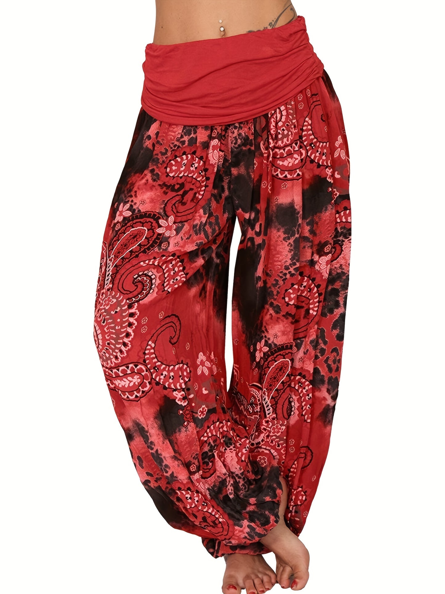 Plus Size Boho Pants, Women's Plus Paisley Print Ruched High Waist Baggy Harem Pants