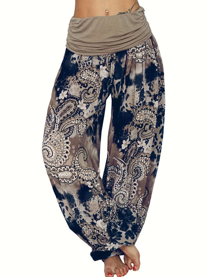 Plus Size Boho Pants, Women's Plus Paisley Print Ruched High Waist Baggy Harem Pants