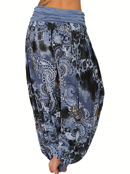 Plus Size Boho Pants, Women's Plus Paisley Print Ruched High Waist Baggy Harem Pants