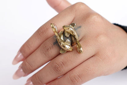 Twin Koi Fish Adjustable Ring – Brass Art Jewelry Inspired by Nature.
