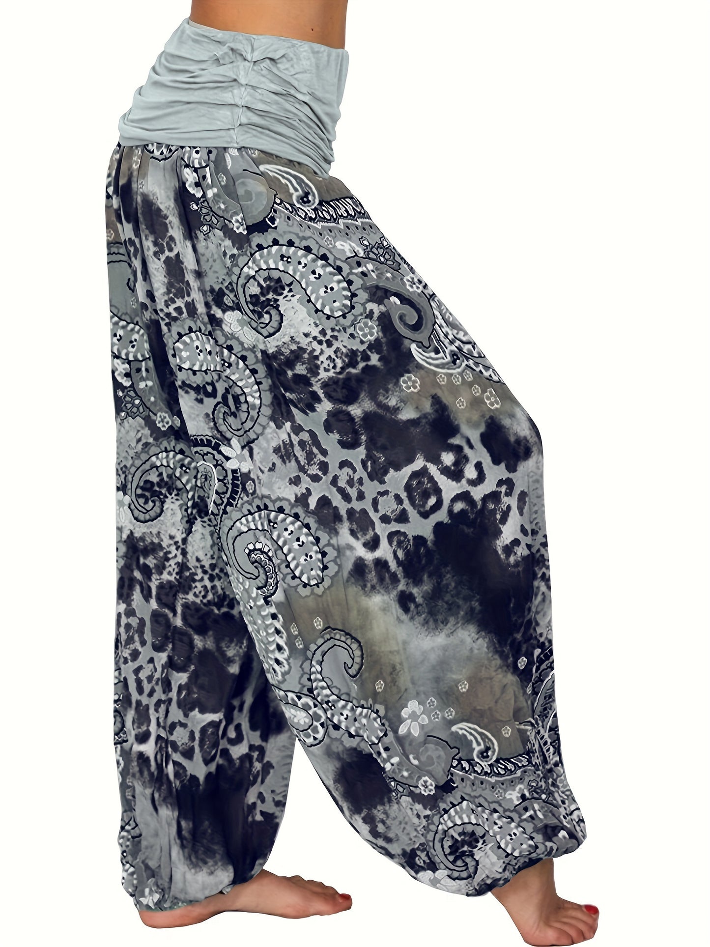 Plus Size Boho Pants, Women's Plus Paisley Print Ruched High Waist Baggy Harem Pants