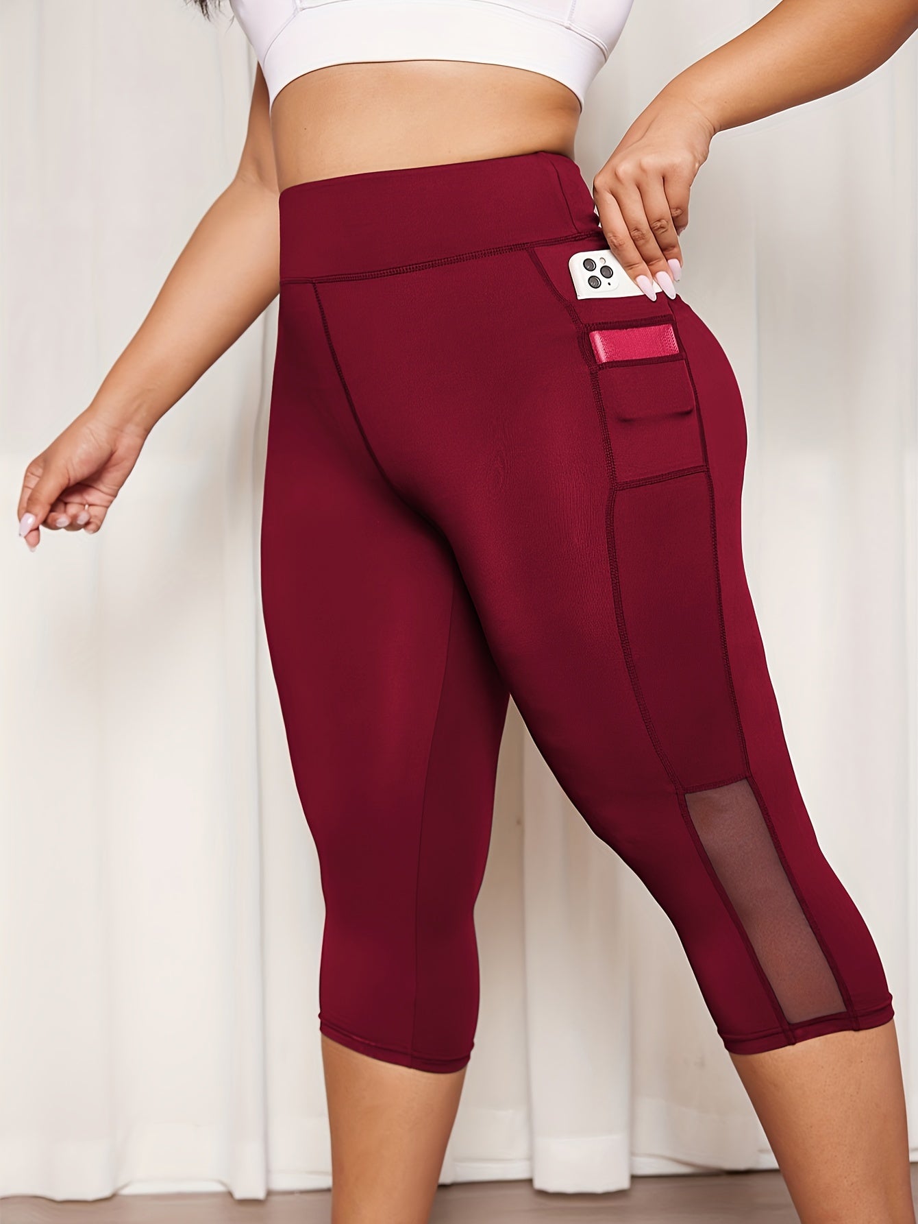 Plus Size Sports Capri Pants, Women's Plus Solid High Rise Slim Fit Running Yoga Capri Leggings With Phone Pockets