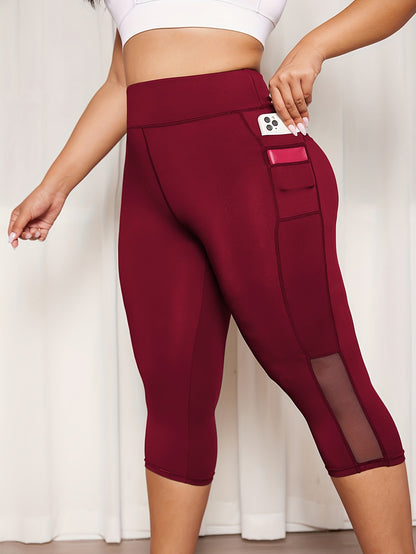 Plus Size Sports Capri Pants, Women's Plus Solid High Rise Slim Fit Running Yoga Capri Leggings With Phone Pockets