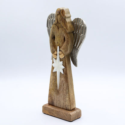 Large Mango Wood Peace Angel Metal Wings & Enamel Detail