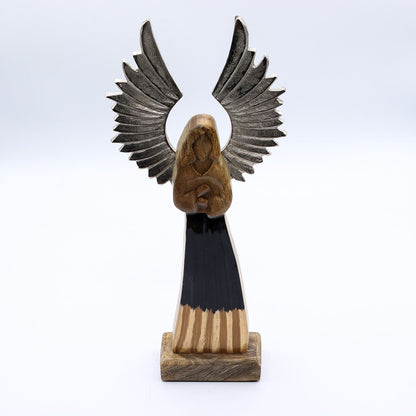 Large Mango Wood Gardian Angel Metal Wings & Enamel Detail