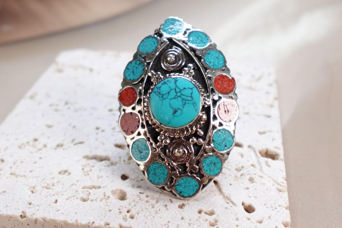 Bohemian Turquoise Statement Rings with Multicolor Inlays.
