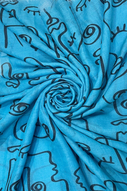 Abstract Face Print Frayed Scarf: White