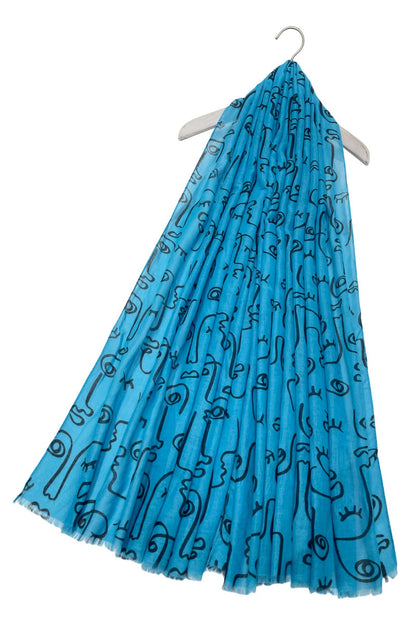 Abstract Face Print Frayed Scarf: White