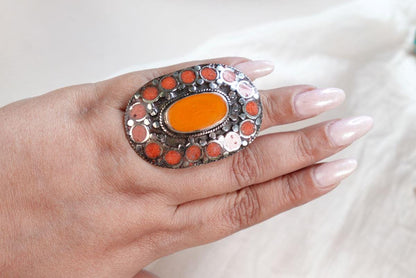 Large Ethnic Adjustable Tibetan Silver Rings, Turquoise, Coral Inlay Rings.