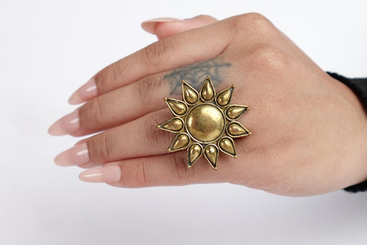 Radiant Sunburst Statement Ring – Antique Gold Finish.