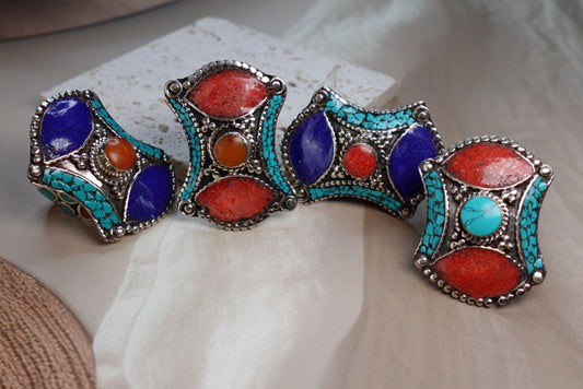 Tibetan Mosaic Heritage Rings – Boho Gemstone-Inspired Statement Rings.