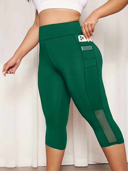 Plus Size Sports Capri Pants, Women's Plus Solid High Rise Slim Fit Running Yoga Capri Leggings With Phone Pockets