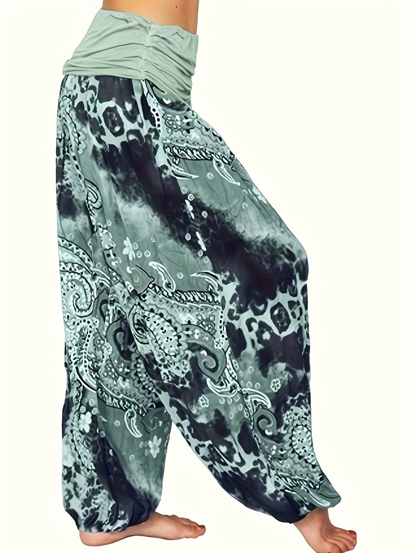 Plus Size Boho Pants, Women's Plus Paisley Print Ruched High Waist Baggy Harem Pants