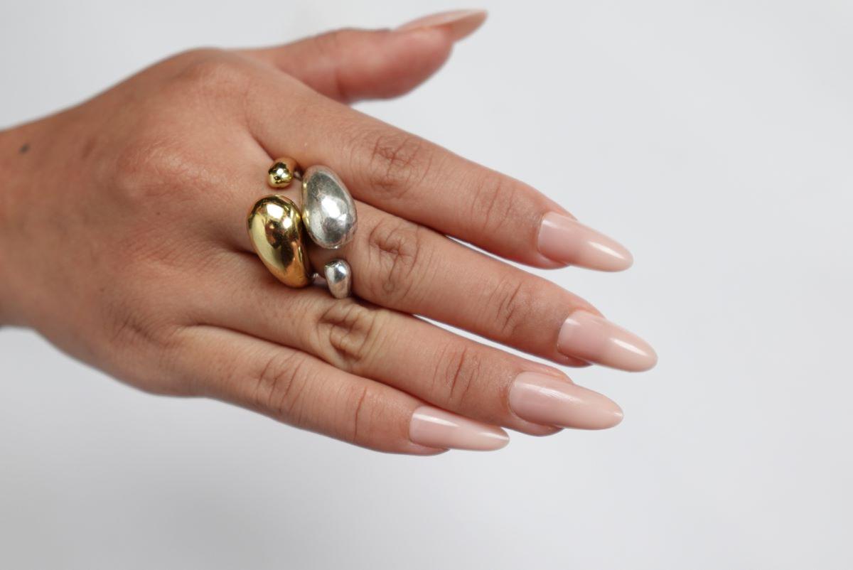 Boho Nugget Statement Ring - Abstract Brass and Silver Stone Nugget Adjustable Ring.