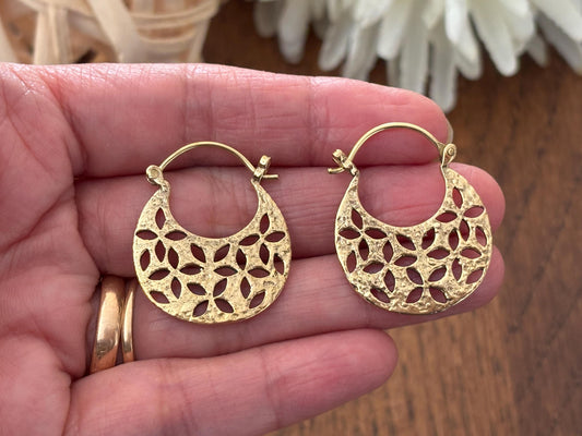 Celeste Cutout Mini Hoops - Lightweight Brass Hoops with Floral Cut-Pattern.