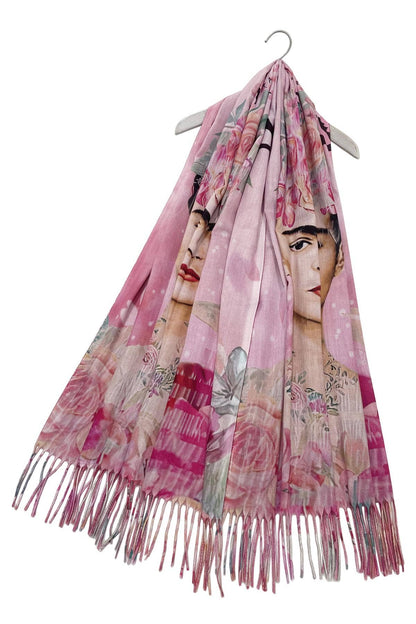 Frida Kahlo Floral Portrait Print Wool Tassel Scarf