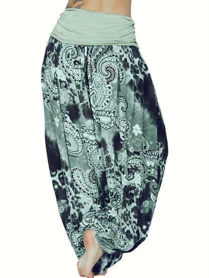 Plus Size Boho Pants, Women's Plus Paisley Print Ruched High Waist Baggy Harem Pants