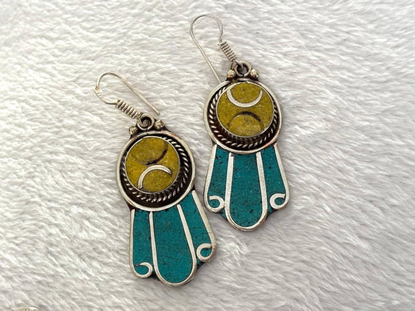 Ethnic Earrings-Nepal Tibet-Natural Stone Jewellery-Silver Stone Earrings.