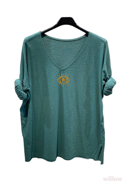 Plain cotton top with long sleeves eye logo: Beige
