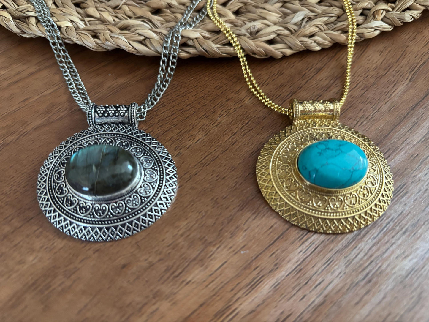 Heart of the Ancients – Turquoise & Labradorite Pendants.