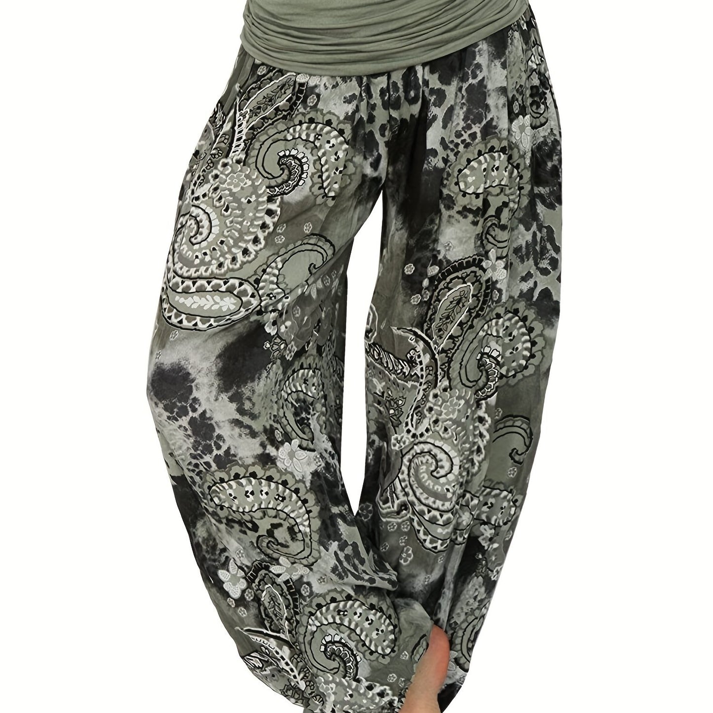 Plus Size Boho Pants, Women's Plus Paisley Print Ruched High Waist Baggy Harem Pants